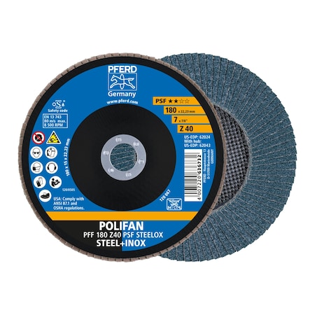 Pferd 7" x 7/8" A.H. POLIFAN Flap Disc - Z PSF STEELOX, Zirconia, 40 Grit, Flat 62024